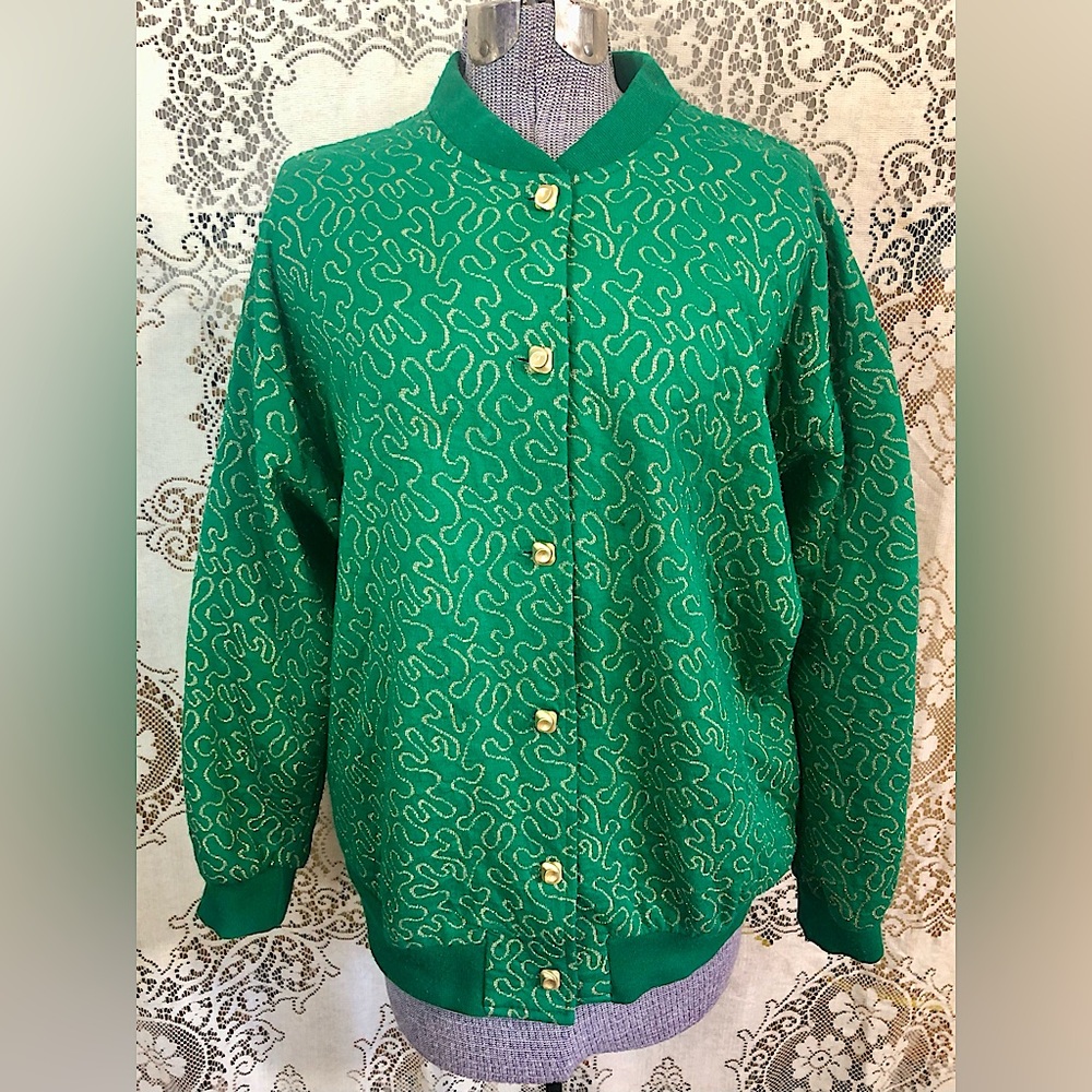 Vintage green metallic gold retro sweater cardigan large